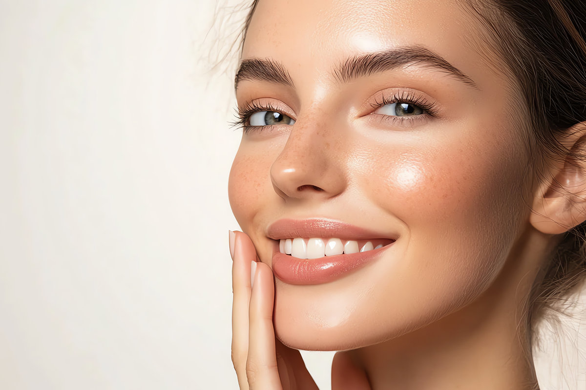 A closeup of a radiant woman with smooth, hydrated skin, gently touching her cheek while smiling