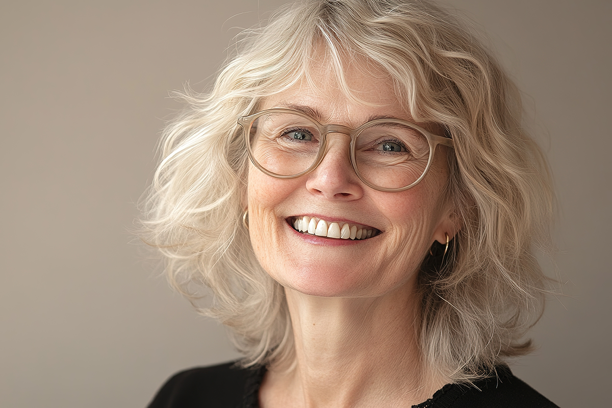 A happy, blonde older woman with refined glasses