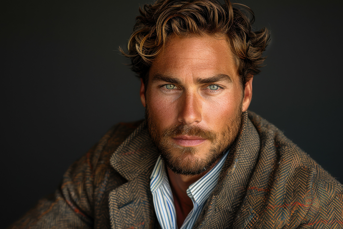 A man with wavy blonde hair and blue eyes