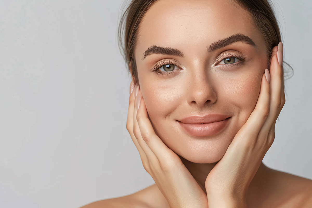 A portrait of a beautiful woman shows her touching her face happily after undergoing facial laser aesthetics