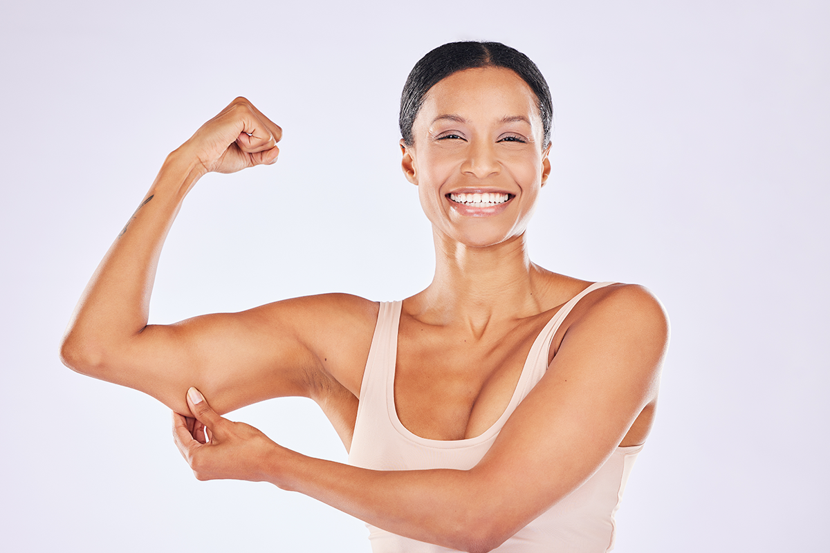Beauty, fitness and portrait of happy girl flexing in underwear for workout, diet and weight loss
