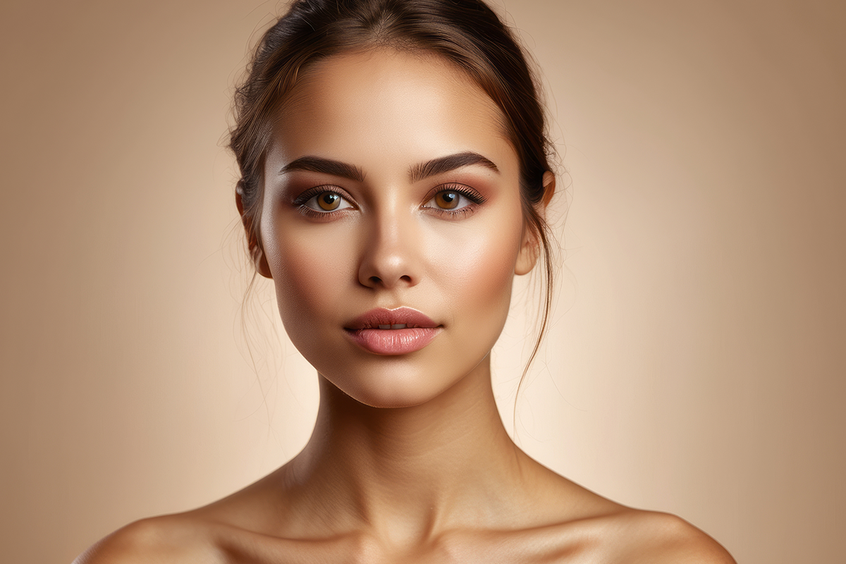 Close-up portrait of a woman with natural makeup and smooth skin