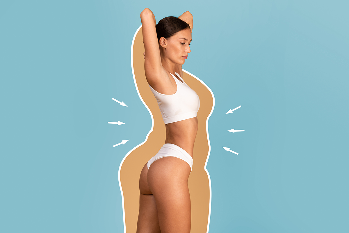 Fit lady In underwear with drawn silhouette around her body