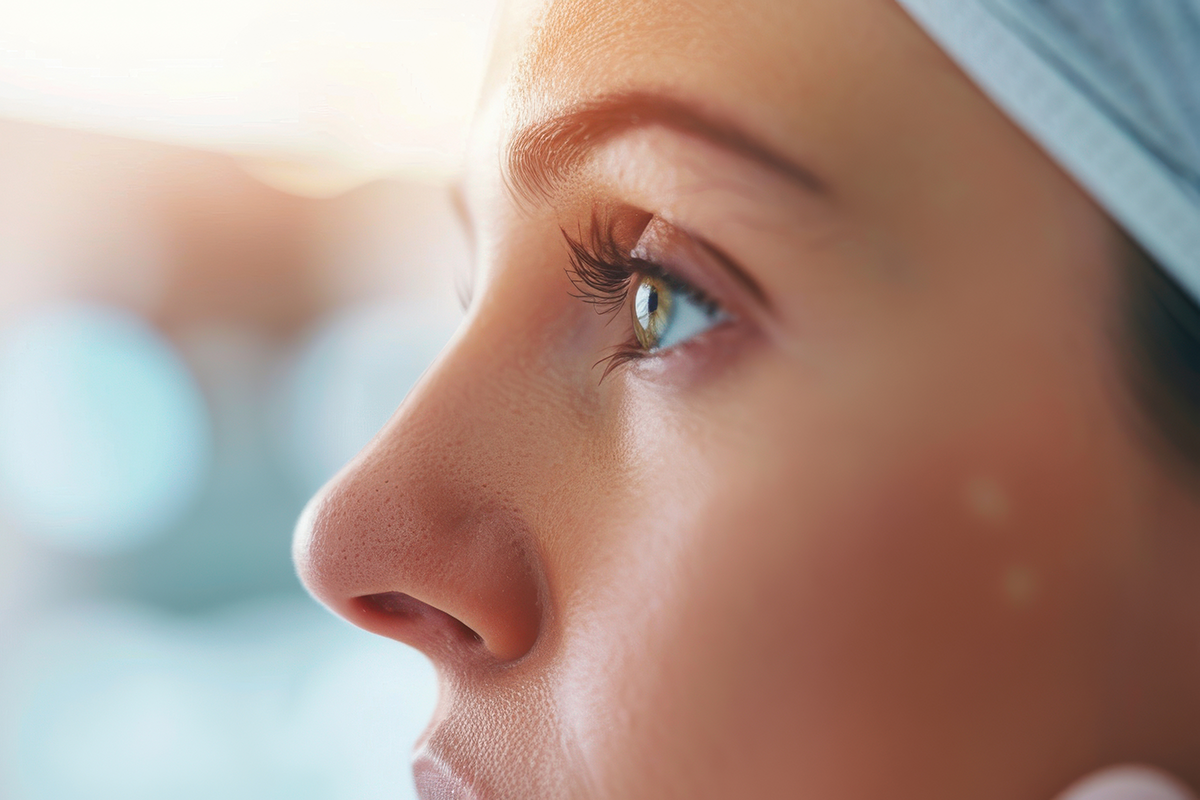 Medical professional examines woman's nose, preparing for plastic surgery