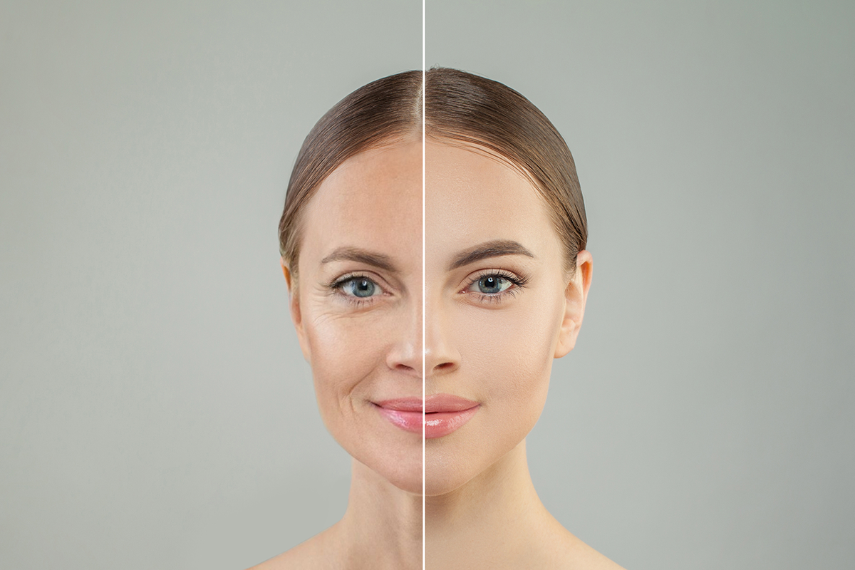 Old and young woman on white background
